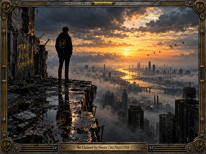 A lone hooded figure stands atop a shattered rooftop overlooking a fogbound city at sunset. Golden light pierces turbulent charcoal clouds, illuminating distant bridges and reflective waterways. Crumbling concrete, scattered debris, and ominous shadows create cinematic tension. An industrial black-and-gold frame surrounds the dystopian scene, emphasizing isolation, defiance, and uncertain hope.