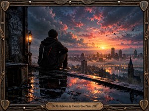 A solitary hooded figure watches a radiant sunrise above a misty city from a rain-soaked rooftop. Fiery orange and pink clouds contrast with deep blue shadows, while birds circle distant skyscrapers. Reflective puddles, industrial details, and an ornate metallic frame create a cinematic, melancholic atmosphere of solitude and hope.