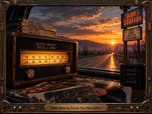 A weathered vintage radio and scattered vinyl records overlook a winding highway beneath a glowing orange sunset. Distant mountains and city silhouettes evoke nostalgia, resilience, and passing time. Warm amber lighting, cinematic realism, and intricate textures create a reflective atmosphere, enclosed by an ornate bronze musical frame with engraved lettering.