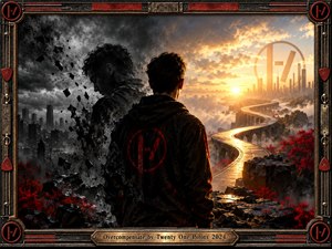 A lone figure confronts a divided world, where a crumbling gray city contrasts with a radiant golden skyline. A winding bridge symbolizes transformation and defiance beneath dramatic clouds. Rich red accents punctuate the cinematic digital artwork, framed by weathered industrial metalwork, musical insignias, and an engraved brass title plate.