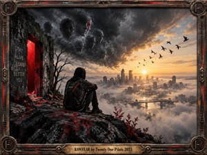 A hooded figure overlooks a fogbound city beneath swirling storm clouds filled with ghostly faces. A crimson doorway glows against ruined stone, while golden sunrise illuminates distant skyscrapers and soaring birds. This cinematic digital artwork contrasts psychological darkness with fragile hope, enclosed by a weathered industrial frame and engraved brass title plate.