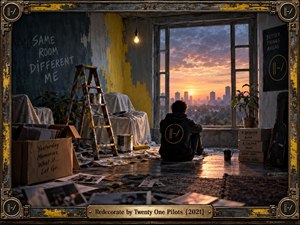 A solitary hooded figure sits in a weathered room overlooking a glowing city sunset. Scattered photographs, covered furniture, peeling yellow paint, and renovation supplies evoke reflection and transformation. Warm amber light contrasts with cool blue shadows in this cinematic digital artwork, enclosed by an industrial metal frame and engraved brass titleplate.