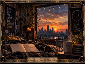 A cozy urban bedroom overlooks a glowing sunset skyline, blending quiet reflection with weekend optimism. Warm string lights illuminate rumpled blankets, a guitar, headphones, an open journal, and steaming coffee. Rich amber, charcoal, and golden tones create cinematic warmth, while an ornate brass frame and engraved title plate complete the nostalgic composition.