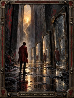 A solitary figure in a tattered red coat stands amid shattered mirrors and rain-soaked ruins, confronting endless reflections. Golden sunlight illuminates a distant staircase through towering stone arches. Rich oil painting textures, smoky shadows, and crimson accents create a haunting atmosphere of struggle and renewal, enclosed within an ornate industrial metal frame.