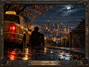 A solitary figure sits beside a weathered yellow taxi overlooking a rain-soaked city at night. Glowing skyscrapers, illuminated bridges, and moonlit clouds create a reflective, melancholic atmosphere. Rich amber lights contrast with deep blue shadows, while autumn leaves, shimmering pavement, and an ornate metallic frame enhance the cinematic realism.