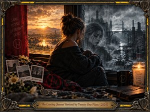 A young woman sits beside a rain streaked window, caught between a golden sunset and a bleak industrial city. Her reflection conveys longing and vulnerability. Warm candlelight illuminates photographs, flowers, and personal keepsakes. Rich cinematic detail, contrasting amber and gray tones, and an ornate metallic frame evoke bittersweet nostalgia.