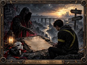 A hooded figure confronts a solitary young man across an ancient contract on a rocky precipice. Beyond them, a misty canyon, broken bridges, and distant city glow beneath storm clouds. Cinematic digital realism blends charcoal shadows, crimson accents, and golden light. Scattered masks and ornate metallic framing deepen the ominous atmosphere.