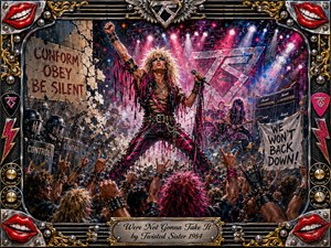 A flamboyant glam-metal singer commands a chaotic concert stage, fist raised above a roaring crowd amid shattered barriers and rebellious banners. Electric pinks, reds, blues, chrome, and gold blaze under dramatic spotlights and smoke. Expressive acrylic textures amplify the defiant energy, while an ornate rock-themed frame surrounds the explosive composition.