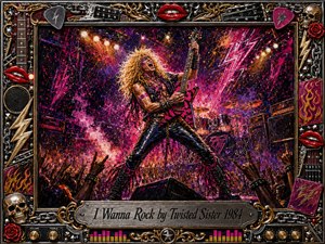 A flamboyant rock guitarist commands a packed concert stage, frozen mid-riff beneath blazing spotlights and explosive pink, purple, orange, and black textures. Acrylic-like brushwork and metallic detail create fierce energy, while raised hands, amplifiers, drums, chains, skulls, roses, guitar parts, and red lips frame the theatrical scene.