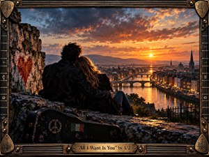 A couple embraces on a weathered stone overlook above a riverfront city, its bridges glowing beneath an amber sunset. Blue-gray clouds deepen the intimate, wistful mood. Cinematic realism highlights rough masonry, a battered guitar case, and a red painted heart, enclosed by an ornate bronze, guitar-string frame with an engraved title plate.