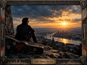 A solitary man in a black leather jacket sits beside a weathered guitar case on a rocky overlook, gazing across a river city at sunset. Golden light breaks through dramatic blue-gray clouds, creating a reflective, yearning mood. A rugged guitar-inspired metal frame, engraved trees, red accents, and brass title plate complete the cinematic composition.