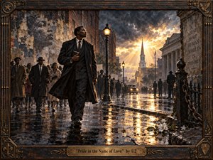A resolute civil rights marcher strides along a rain-darkened 1960s street as companions follow beneath stormy skies. Golden sunlight breaks around a distant church, reflecting across wet pavement. Deep charcoal, bronze, and amber tones, layered painterly textures, white flowers, ironwork, and an ornate aged frame create a solemn, hopeful atmosphere.