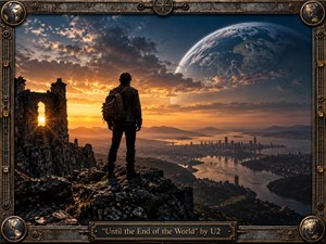 A lone traveler stands on a rugged cliff above a vast river city, framed by ancient stone ruins and towering mountains. A colossal Earth-like planet dominates the dramatic sunset sky, blending deep blues, amber, gold, and smoky clouds. Rich cinematic lighting, weathered textures, and metallic framing create an epic, melancholic atmosphere.