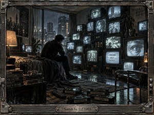 A solitary figure sits hunched in a dim, rain-soaked room crowded with glowing televisions, creating a tense portrait of emotional overload and detachment. Cold blue-gray tones, warm lamplight, and reflective floors heighten the moody atmosphere, while the industrial frame, scattered tapes, urban skyline, and flickering screens evoke a richly textured, handcrafted mixed-media vision.