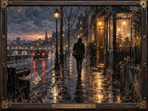 A lone figure walks along a rain-slick riverside street at dusk, moving toward warm cafe light while a dark city glows beyond the bridge. Amber lamps and red taillight reflections shimmer across wet pavement under stormy blue clouds. Rendered in richly textured painterly oil style, the scene feels intimate, wistful, and quietly hopeful.