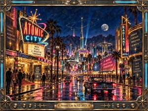 A neon-drenched boulevard stretches through a retro-futurist desert city, where classic cars, palm trees, glowing marquees, and sleek towers shimmer on rain-soaked pavement beneath a deep blue night sky. The mood is electric, hopeful, and cinematic, rendered in richly textured painterly detail with vivid pink, gold, cyan, and amber reflections.