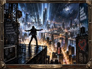 A lone figure stands on a rain-slick rooftop, arms spread toward a towering city pierced by brilliant blue-white beams. Storm clouds, moonlight, glowing bridges, and amber streets create an exhilarating, upward-driving mood. Rich digital mixed-media textures, metallic framing, reflections, mist, and industrial details give the scene cinematic depth and handcrafted intensity.