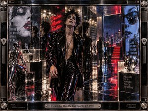A stylish androgynous figure strides through a mirrored, neon-lit showroom overlooking a nighttime city, surrounded by chrome sculptures, glossy displays, and fractured reflections. Electric reds, deep blues, black lacquer, and silver highlights create a seductive, restless mood. Mixed-media textures and a mechanical frame reinforce the glamorous early-1990s atmosphere.