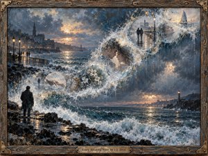 A solitary figure faces a stormy coastal harbor as a luminous S-curve of crashing surf rises into translucent memories of love, distance, and time. Deep blues, slate gray, teal, silver, and weathered gold glow beneath dramatic dusk light. Textured oil-and-wax surfaces, mist, reflections, flowers, and a distant lighthouse create a tender, melancholic atmosphere.