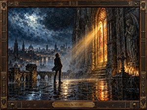 A lone figure stands on a rain-slick cathedral terrace, gazing toward radiant stained glass spilling golden light across wet stone. Deep blues, charcoal clouds, distant city lights, candles, birds, and gothic sculpture create a solemn, searching mood. Textured painterly surfaces, aged bronze framing, and dramatic reflections heighten the spiritual atmosphere.
