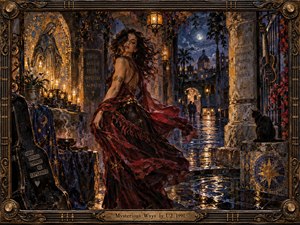 A mysterious dancer in flowing crimson fabric turns through a moonlit stone courtyard glowing with candles, lanterns, mosaics, and wet reflections. Deep blues, burgundy, gold, and amber create a sensual, spiritual atmosphere. Rich oil-and-encaustic textures, ornate musical framing, incense smoke, religious imagery, and a watchful black cat deepen the dreamlike mood.