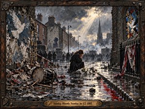 A lone mourner kneels on a rain-slick, rubble-strewn street beneath a torn sky, framed by ruined brick walls, distant soldiers, a church spire, and shattered stained glass. Painted in richly textured, impasto-like detail, the image glows with cold grays, rusty browns, blood-red reflections, and a piercing shaft of hopeful light.