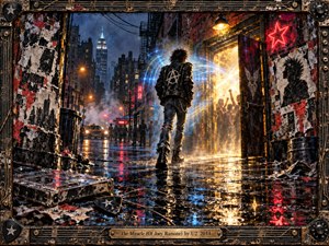 A lone punk figure strides through a rain slick city alley toward a blazing club doorway, where golden light and ghostly blue sound waves spill into the night. Reflections shimmer across wet pavement beneath neon red accents, while torn posters, grime, and a rugged musical frame create a gritty, cinematic mixed media atmosphere.