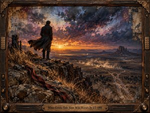 A solitary figure in a windblown dark coat overlooks a vast desert valley beneath a dramatic sunset. Golden light cuts through indigo, violet, and smoky clouds, illuminating rocky cliffs, dry grasses, distant roads, and drifting dust. Painterly textures, a trailing red cloth, and a weathered bronze frame deepen the melancholic, cinematic mood.