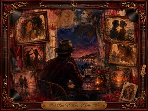 A solitary figure in a fedora sits beside a glass of red wine, overlooking a glowing tropical shoreline at sunset. Vintage rosewood frames surround faded romantic memories, painted in rich crimson, amber, indigo, and gold. Warm candlelight, roses, vinyl records, instruments, and ornate musical details create a wistful, intimate collage.