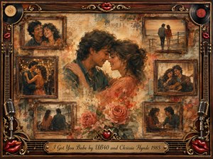 A tender couple embraces at the heart of a nostalgic rosewood-framed collage, surrounded by faded scenes of dancing, seaside walks, music, and shared laughter. Warm amber, rust, cream, and rose tones glow through layered oil, acrylic, and watercolor textures, while vinyl records, microphones, guitar strings, red lips, and ornate gold details enrich the romantic vintage atmosphere.