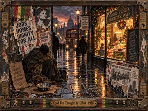 On a rain-slick British street, a bundled figure and dog shelter beneath torn protest posters while a festive shop window glows with abundance. A red double-decker bus approaches through amber reflections and violet dusk. Layered newspaper textures, muted earth tones, and a weathered brass frame heighten the scenes haunting social contrast.