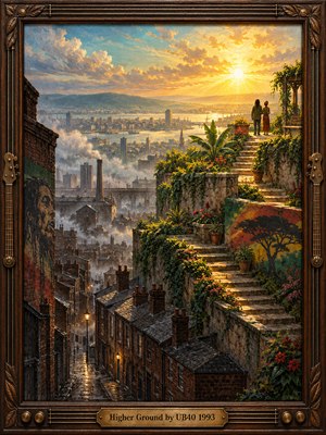 A winding stone staircase climbs from smoky brick streets toward a lush garden overlooking a sunlit harbor. Two figures watch golden dawn illuminate the skyline as flowers and colorful murals brighten the terraces. Rich, textured brushwork blends misty blue shadows with warm amber light, surrounded by an ornate wooden and bronze frame.