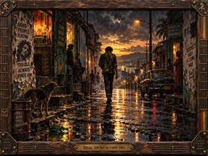 A solitary figure walks through a rain-soaked Kingston street at sunset, watched by shadowy residents and a stray dog. Weathered buildings, torn posters, and a vintage car surround glowing amber reflections. Rich oil-painted textures, dramatic storm clouds, and deep shadows evoke danger and melancholy, enclosed within an ornate wooden frame.