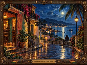 A moonlit Caribbean harbor unfolds beyond a rain-slick cobblestone lane, where amber cafe lights glow against indigo skies. Bougainvillea, palms, and a resting bicycle frame a solitary figure overlooking sailboats and shimmering water. Richly textured oil painting conveys wistful romance, enclosed by ornate carved wood and brass musical detailing.