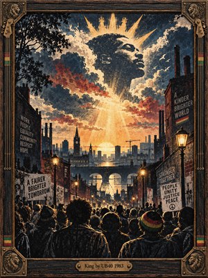 A solemn crowd gathers beneath a radiant portrait emerging from dramatic clouds above an industrial city. Golden sunlight illuminates distant rooftops, protest banners, and hopeful faces. Rich indigo, amber, and rust tones enhance the weathered screen-print texture, while an ornate wood-and-bronze frame reinforces the powerful atmosphere of unity and remembrance.