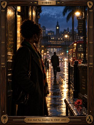 A woman in a dark coat watches a lone man disappear along a rain-slick London street. Amber lamplight shimmers across wet pavement beneath a deep blue sky, while a red double-decker bus glows nearby. Cinematic photography conveys quiet heartbreak, framed by polished wood, brass musical accents, and an engraved title plate.