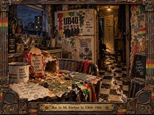 A cluttered 1980s kitchen glows beneath amber light, its torn posters, scattered crumbs, and weathered furnishings suggesting mischief and unease. Reggae colors punctuate gritty mixed-media textures while shadowy footprints lead toward a dark hallway. Rainy city windows, distressed wood, and an ornate metal frame create a rebellious, atmospheric composition.