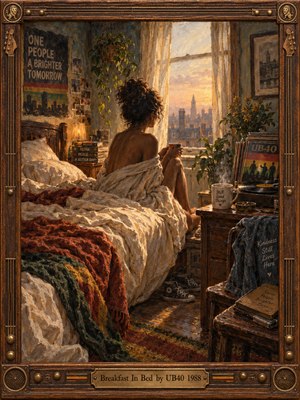 A woman wrapped in cream sheets cradles a cup beside a sunrise-lit window overlooking a hazy city skyline. Rumpled blankets, reggae records, leafy plants, and scattered keepsakes lend the bedroom tender nostalgia. Warm amber and muted teal brushstrokes create an intimate, reflective mood, framed by carved wood and an engraved brass title plate.