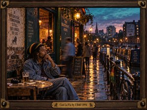 A contemplative man in denim and a reggae-striped cap sits outside a glowing canal-side pub, dominoes scattered beside his drink. Blurred pedestrians cross rain-slick pavement as moored boats and distant buildings fade into teal twilight. Golden reflections and cinematic film grain enrich the scene, framed by dark wood and engraved brass.