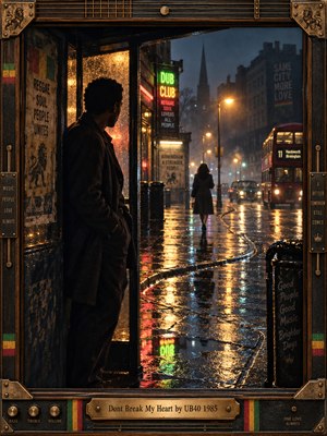 A solitary man watches a woman disappear into a rain-soaked Birmingham street, surrounded by glowing neon signs, amber streetlights, and shimmering reflections. Moody cinematic photography captures longing and emotional distance through deep shadows and misty blue tones. An ornate bronze and wood frame features reggae accents and an engraved title plate.