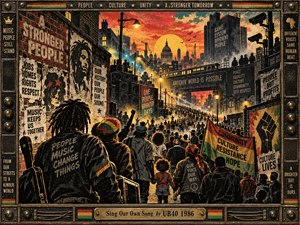 A vibrant 1980s urban procession advances through smoky streets beneath a fiery sunset, celebrating unity, resistance, and cultural pride. Bold reggae colors illuminate musicians, banners, towering speakers, and crowded brick buildings. Distressed screen-print textures create a rebellious, hopeful atmosphere, enclosed by an ornate industrial frame with an engraved brass title plate.