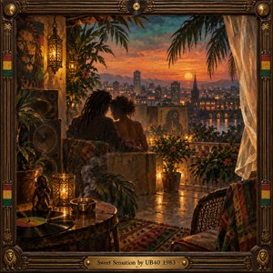A couple sits close together on a lush rooftop terrace overlooking a glowing city at sunset. Lanterns, tropical leaves, vinyl records, and towering speakers create an intimate reggae atmosphere. Amber light washes across textured brushstrokes, while teal skies and drifting smoke deepen the dreamy mood. An ornate brass-trimmed wooden frame surrounds the scene.