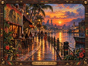A glowing waterfront promenade curves toward a sunset skyline as strolling figures and a guitarist enjoy the evening. Amber lights shimmer across rain-washed pavement and harbor water beneath swaying palms and violet clouds. Rich painterly textures, tropical flowers, and an ornate wooden frame with a brass title plate evoke carefree reggae warmth.