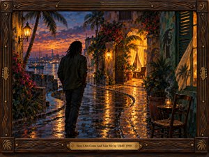 A solitary man stands on a rain-soaked Caribbean street at sunset, contemplating a warmly illuminated courtyard. Golden reflections shimmer across cobblestones beneath violet and orange skies. Palm trees, flowering vines, distant sailboats, and weathered buildings enrich the romantic atmosphere. Rich painterly textures complement an ornate wooden frame with brass detailing.