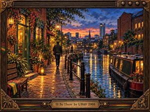 An evening canal glows beneath a coral and indigo sky as a lone figure walks toward someone waiting near a bridge. Golden lanterns illuminate wet cobblestones, flower-covered brick buildings, and a moored narrowboat. Rich, painterly textures and shimmering reflections evoke warmth, loyalty, and quiet hope within an ornate bronze-and-wood musical frame.
