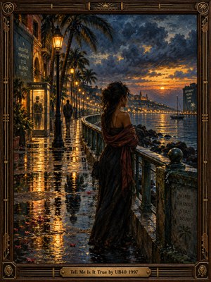 A solitary woman leans against a rainwashed seaside railing at sunset, watching distant lights shimmer across dark water. Palm trees, glowing streetlamps, and a lonely phone booth line the curving promenade. Deep blues and molten gold shape a wistful, cinematic oil painting, enclosed in ornate carved wood and engraved brass.