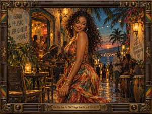 A smiling woman in a flowing coral and emerald dress sways along a tropical seaside street at sunset. Musicians, palm trees, and lanternlit cafes surround her as harbor lights shimmer beyond. Rich oil textures, golden highlights, deep teal shadows, and an ornate brass trimmed frame capture romantic reggae warmth.