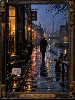 A solitary man walks along a rain-soaked British canal street at dusk, surrounded by glowing streetlamps, misty industrial buildings, and shimmering reflections. Cool blue tones contrast with warm amber light, creating a melancholy atmosphere of regret and longing. Cinematic photography captures the scene within an ornate reggae-inspired wooden frame.