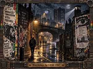 A solitary figure walks through a rain-soaked industrial city beneath watchtowers, surveillance lights, and looming shadows. Torn political posters, barbed fences, and graffiti evoke tension and resistance. Amber streetlights illuminate reflective pavement against charcoal skies. Muted reggae colors accent the gritty mixed-media collage, enclosed within a weathered metal frame.