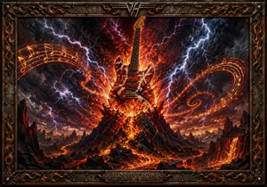 A striped electric guitar erupts from the heart of a volcano, surrounded by blazing lava, branching lightning, and sweeping trails of glowing musical notation. Jagged mountains frame the apocalyptic landscape while an ornate industrial border crowns the scene. This composition turns a legendary guitar solo into a monumental natural eruption.